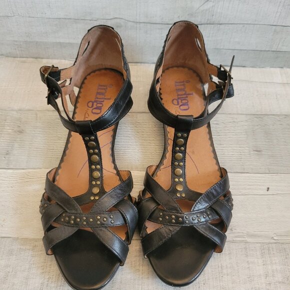 Indigo By Clarks Black Strappy Studded Leather Sandals Ankle Strap Low Wedge Wom - Picture 1 of 9